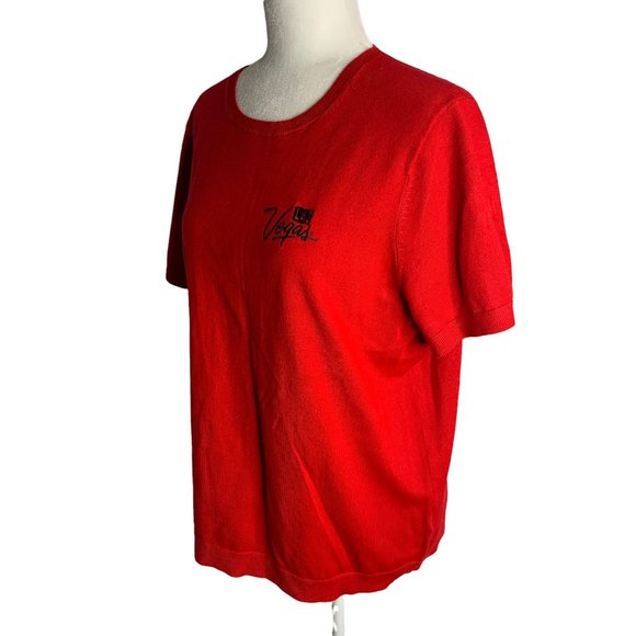 Lands End Embroidered Short Sleeve Sweater XL Red Las Vegas Knit Round Neck - Picture 4 of 7